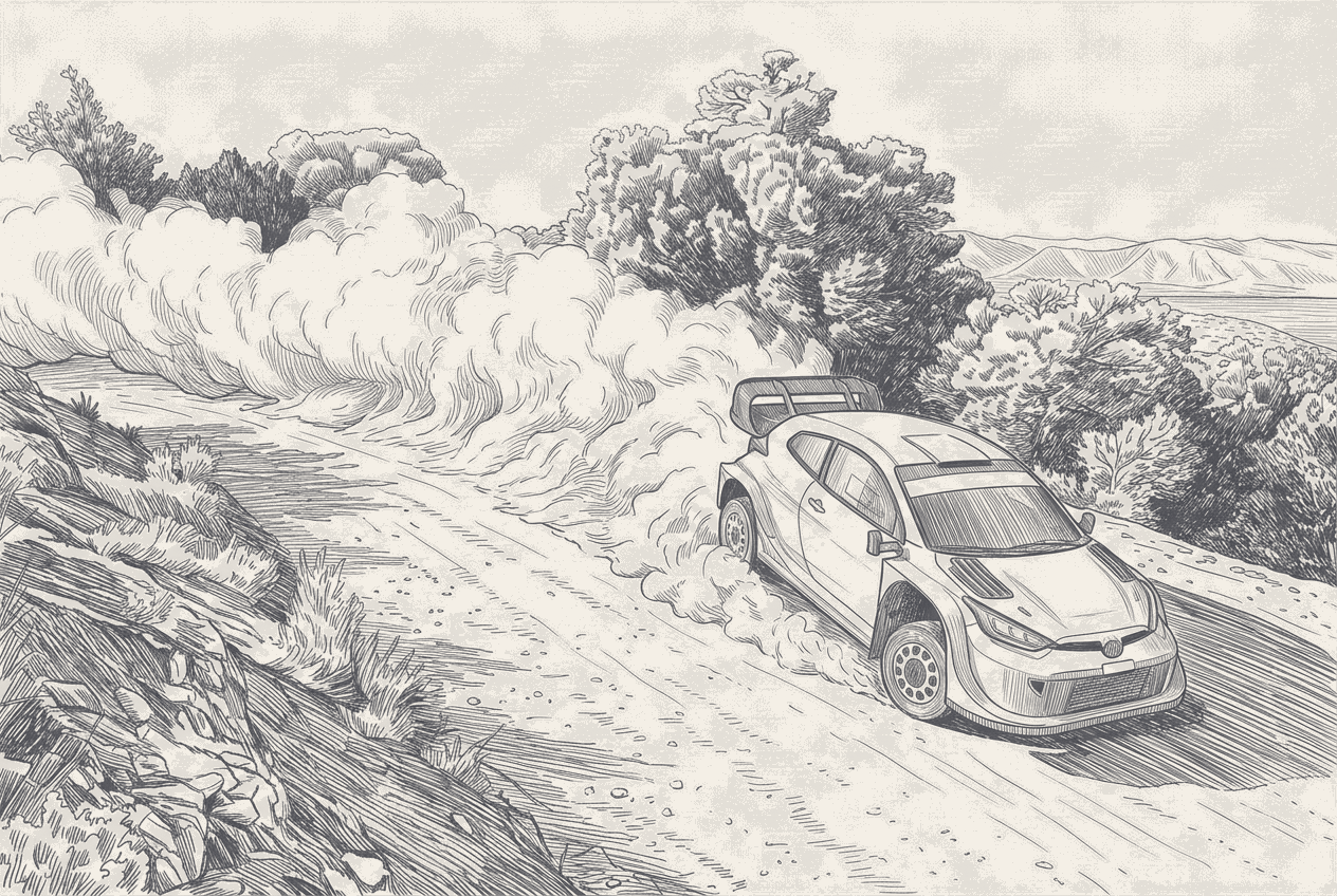 Two-tone hatched-ink illustration traced from a photograph of the Toyota GR Yaris Rally1 on a dusty Acropolis gravel stage, liveries and sponsor logos stripped.