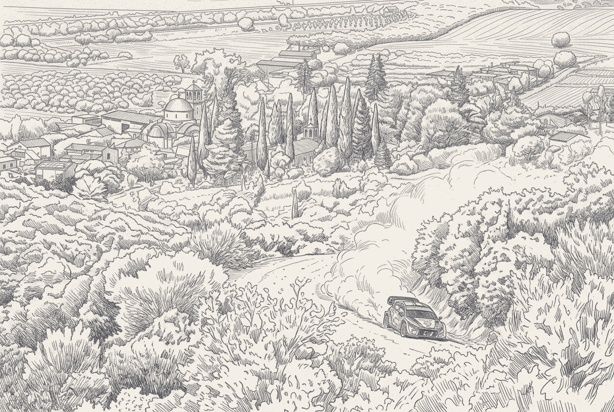 Two-tone illustration of a Rally1 car raising a dust plume on a rock-lined Greek hillside stage under a hard sun, a cracked suspension arm and a worn tyre rendered as inset cutaways at the frame edge.