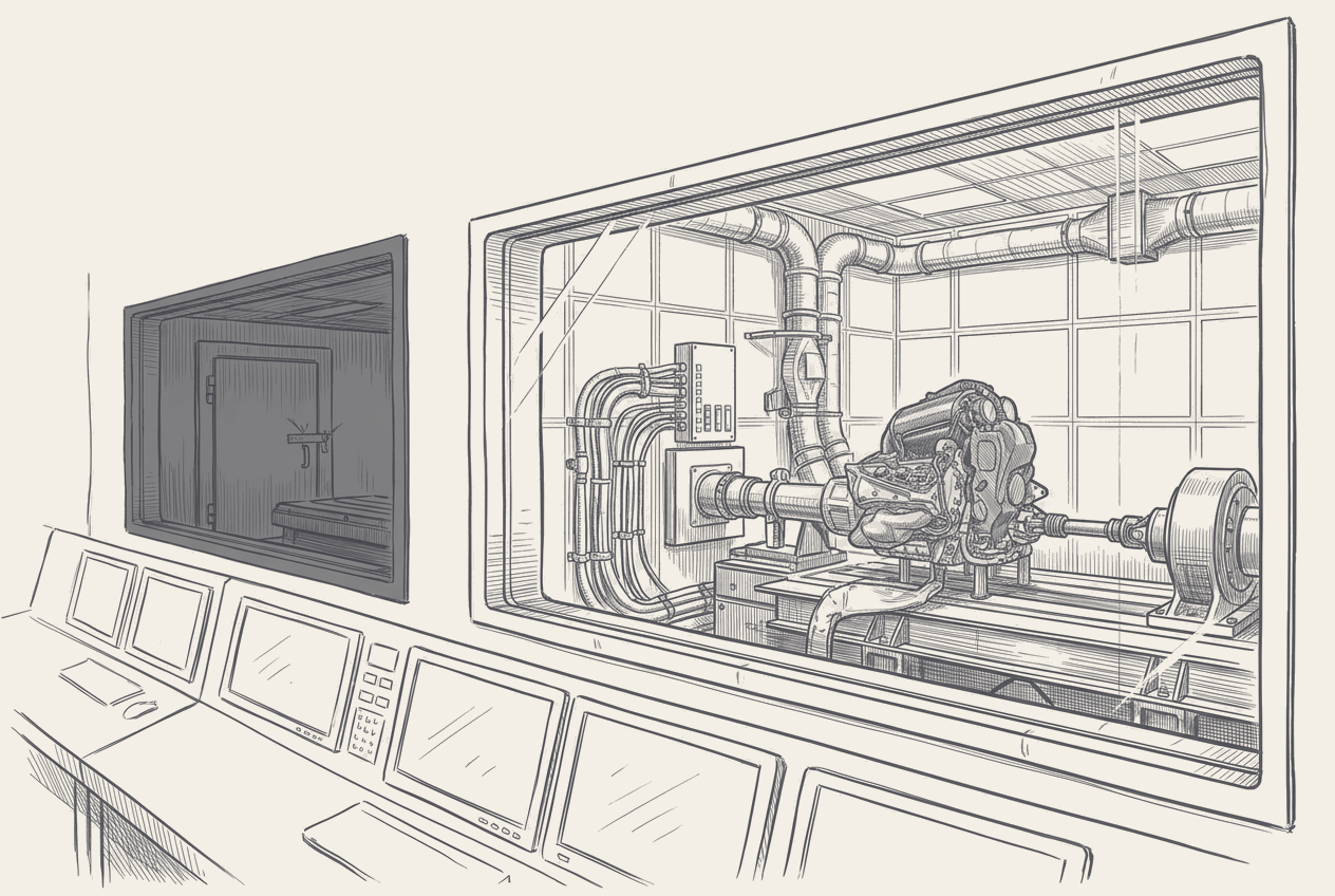 Two-tone hatched-ink illustration of an engine dyno control room, a live test cell beyond the observation glass with an engine on the bed and its driveshaft running to the brake under overhead ducting, and further along the wall a second window onto a dark cell with an empty bed and a wire seal across the closed door.