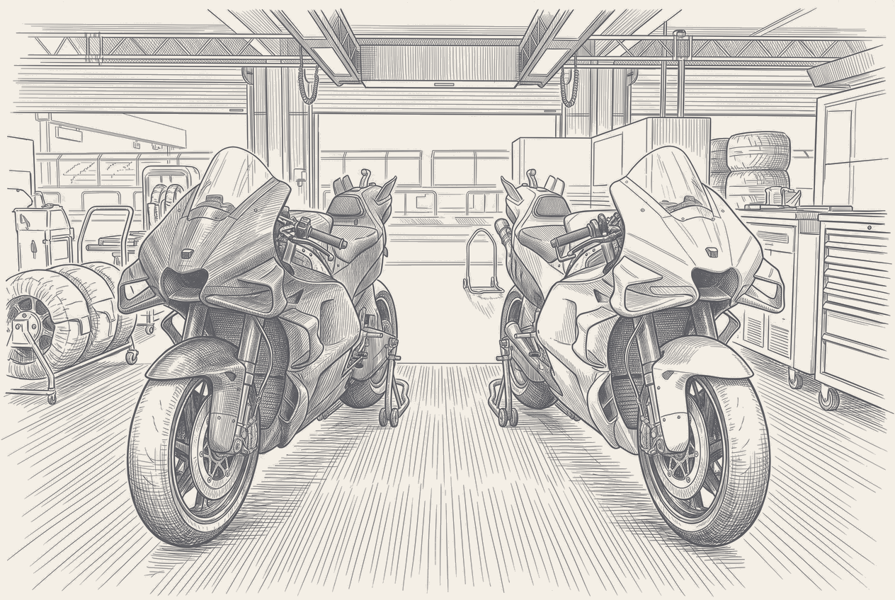 A two-tone hatched illustration of two Moto2 machines side by side in one garage, the leading bike carrying a large number-one board being waved past while a mechanic's hand points the second bike toward a raised ramp labelled with an upward arrow, showing the lower-placed rider being sent up the ladder.