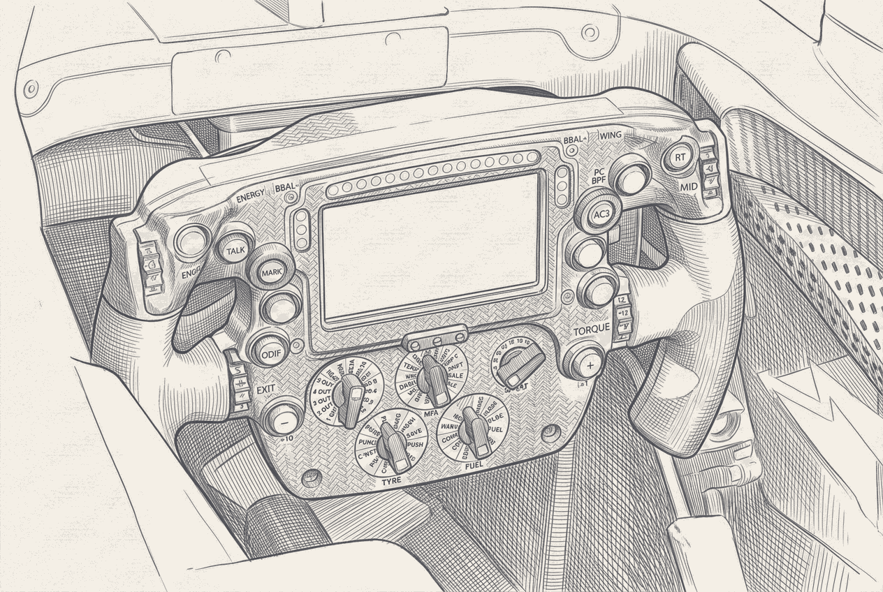 Two-tone hatched-ink illustration traced from a photograph of a 2026 F1 steering wheel, focus on the deployment and overtake controls, sponsor marks and text stripped blank.