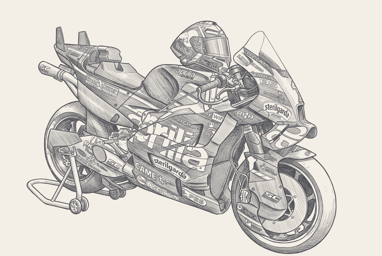 Two-tone hatched technical illustration of an Aprilia 850cc prototype on a Jerez pit-stand, front-three-quarter view with the revised nose profile and protruding front wing visible against a paddock backdrop.