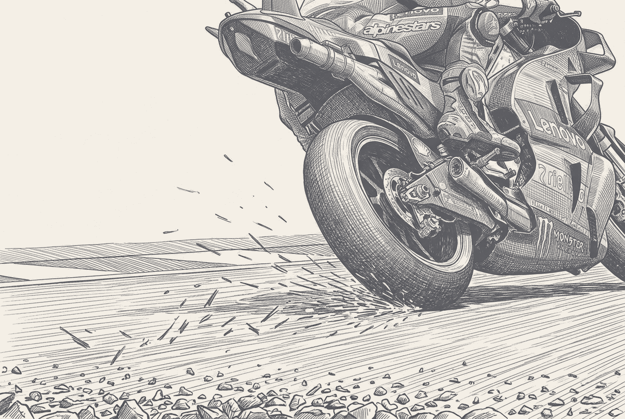 Two-tone hatched-ink illustration of a grand prix motorcycle at full lean seen from tarmac level, cropped by the upper right of the frame, its underbody throwing a spray of sparks that skips toward the viewer across asphalt drawn in sharp close texture.