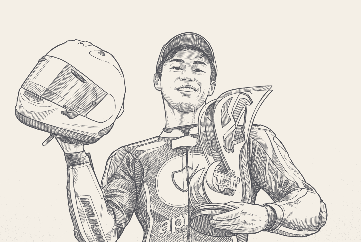 Two-tone hatched-ink illustration traced from a photograph of Ai Ogura on the Trackhouse Aprilia at Assen, liveries and sponsor logos stripped.