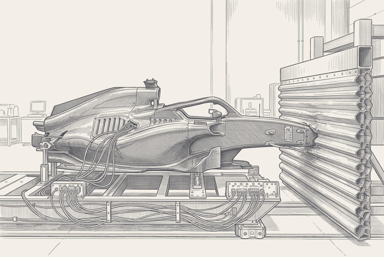 A two-tone hatched illustration of a Formula 1 survival cell suspended in a crash-test rig, sensors and impact structures picked out on the forward chassis, with a new nose and revised aerodynamic surfaces sketched in lighter line alongside a set of scales tipped toward a marked minimum-weight line.