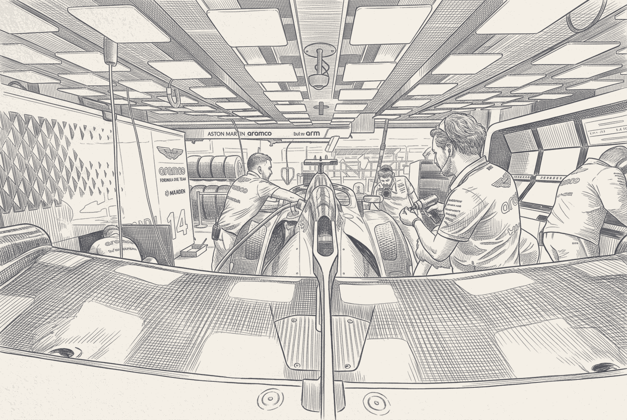 Two-tone hatched-ink illustration traced from a photograph of Fernando Alonso in the Aston Martin garage, helmet and liveries stripped, studying a car in build.
