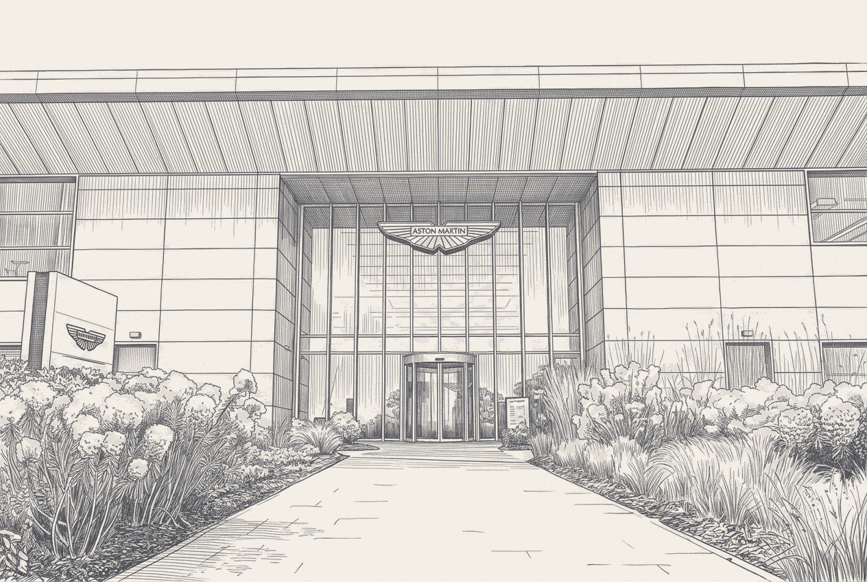 Two-tone hatched-ink illustration of a corporate campus entrance, an Aston Martin wordmark inside a winged badge centred above the revolving door and a second wing badge on the monolith sign at left, the forecourt empty in flat daylight.