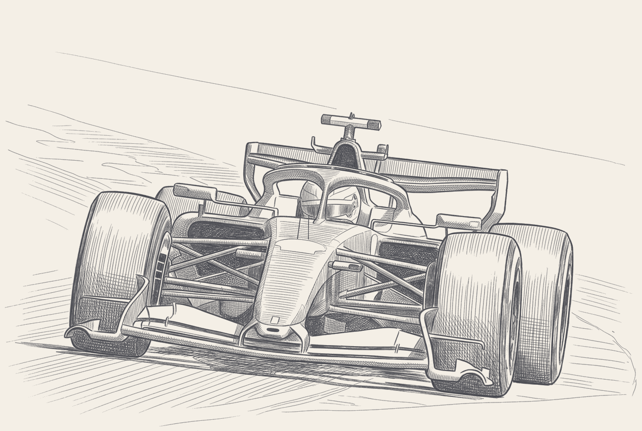 Two-tone hatched-ink illustration traced from a photograph of the Ferrari SF-26 in a slow Red Bull Ring corner, liveries and sponsor logos stripped.