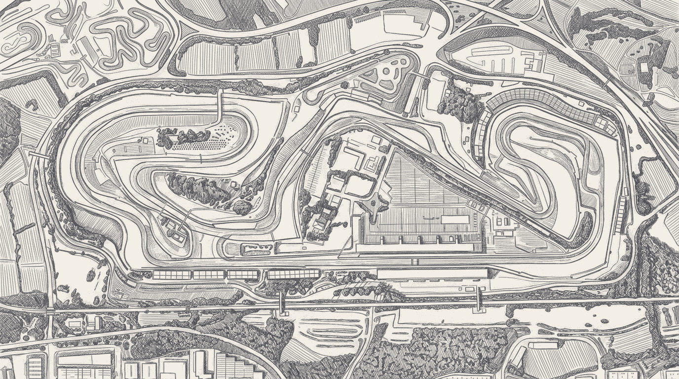Two-tone technical illustration of the Barcelona circuit outline drawn as a wiring diagram, a battery symbol draining along the back straight, five tally marks chalked beside one garage and a blank sixth space, a sealed appeal envelope pinned at the pit entry.