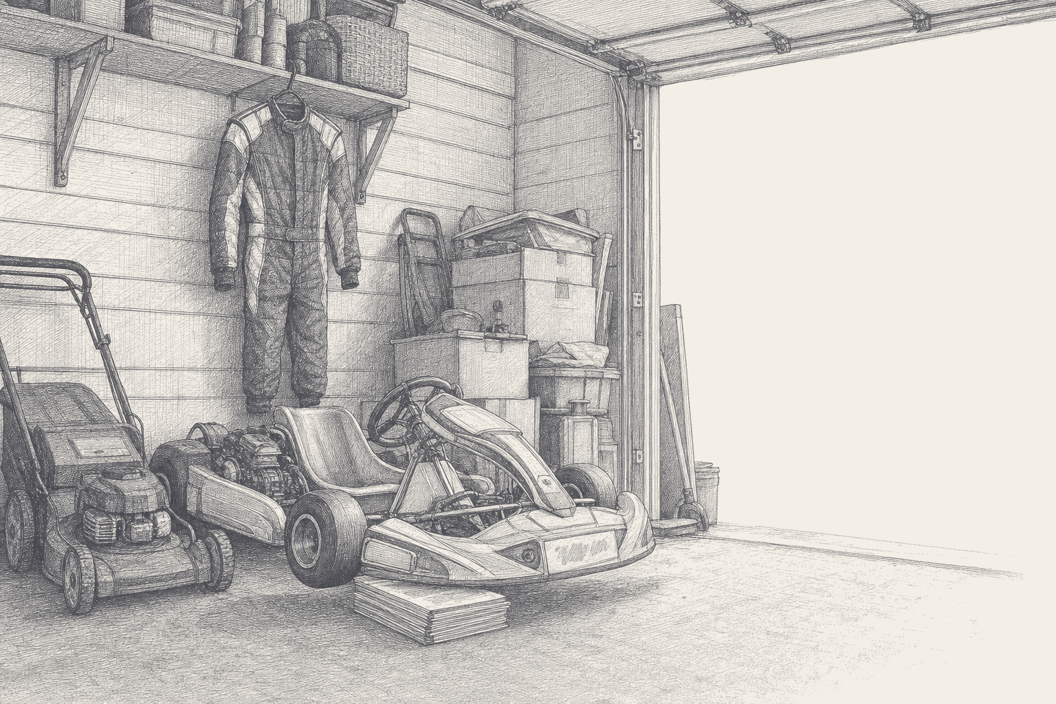 Two-tone hatched-ink illustration of a boy's kart parked in a domestic garage beside household clutter, a race suit far too small hanging from a shelf bracket above it, an invoice folder wedged under one wheel, cream negative space filling the open door.