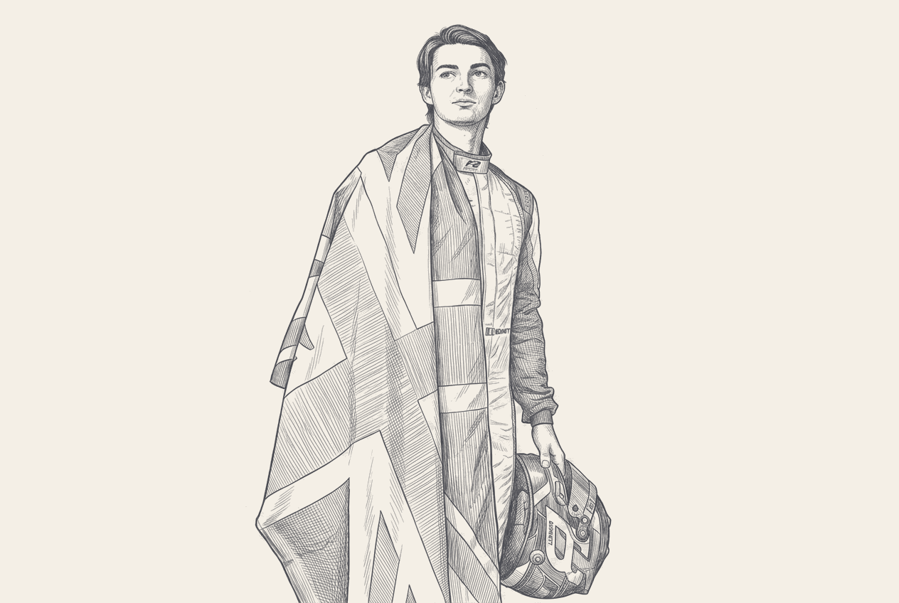 Two-tone hatched-ink illustration traced from a photograph of John Bennett in a Formula 2 cockpit, helmet and liveries stripped, arms raised after a win.