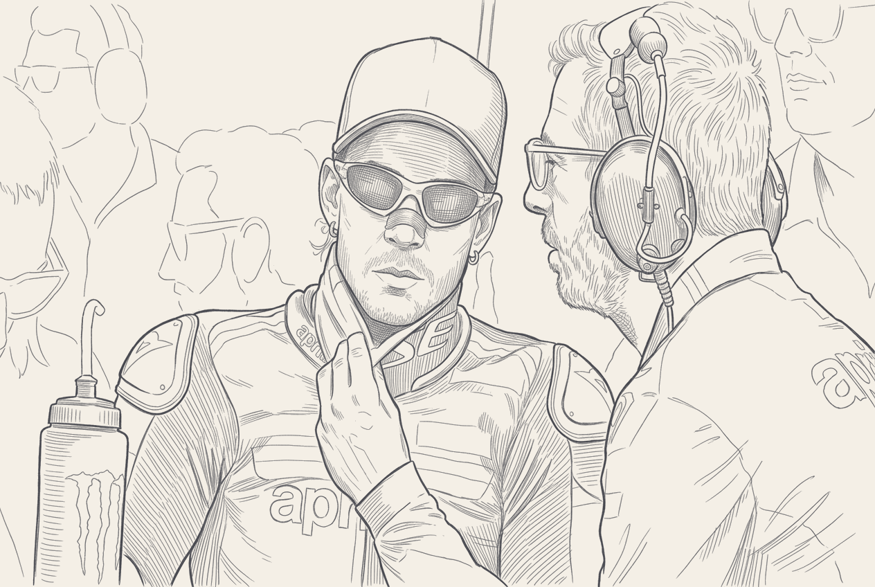Two-tone hatched-ink illustration traced from a photograph of Marco Bezzecchi on the Aprilia, helmet and liveries stripped, in a contemplative posture.