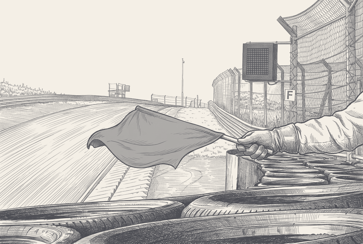 A two-tone hatched illustration of a dead, blank trackside LED signalling panel with a marshal's gloved arm waving a plain flag in front of it, the track sweeping away empty beyond.