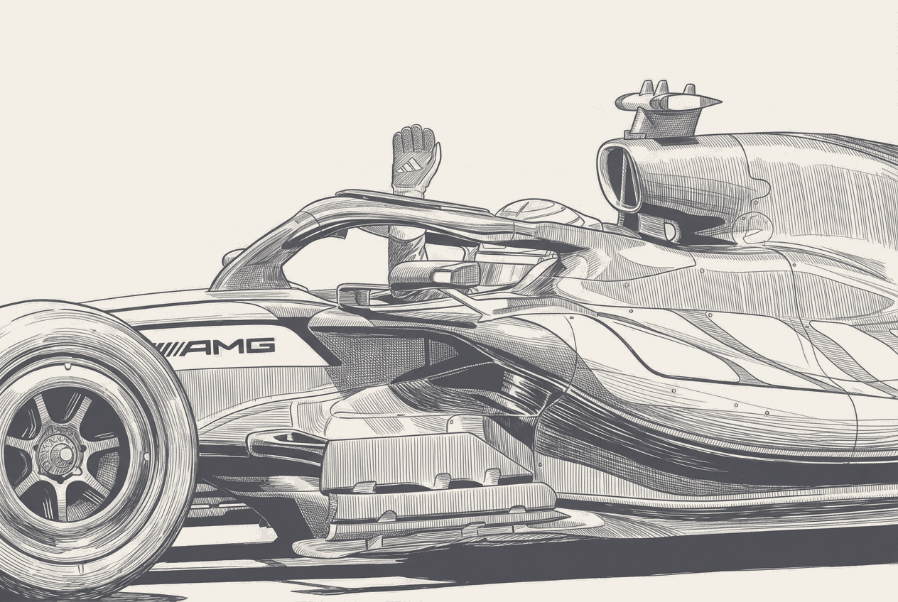Two-tone hatched-ink illustration traced from a photograph of Andrea Kimi Antonelli in the Mercedes garage, helmet and liveries stripped, the championship leader whose Silverstone weekend turned on a component failure.