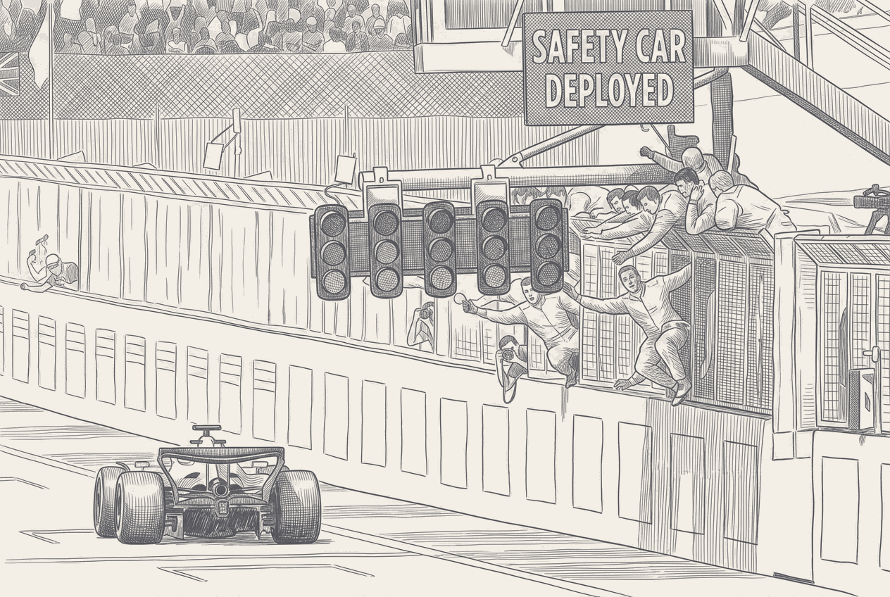 Two-tone hatched-ink illustration traced from a photograph of the Silverstone start-finish straight with the safety car leading a bunched field under the gantry, liveries and sponsor logos stripped.