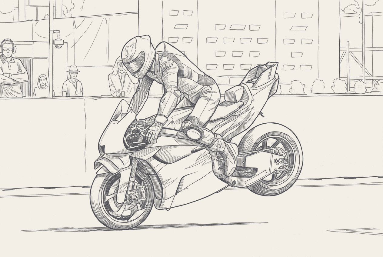 Two-tone hatched technical illustration of a MotoGP front wheel cutaway with a tyre pressure sensor valve picked out, a dashboard warning bar reading 1.80 along the lower frame, and a rider tucked in the hot wake of a leading bike sketched behind, Brno's downhill Turn One esses in the background.