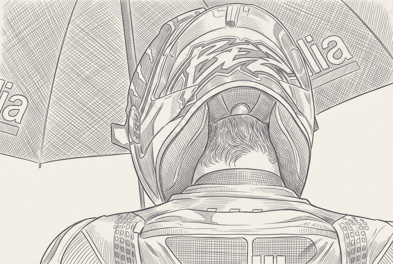 Two-tone hatched editorial illustration of a MotoGP rider seen from behind under an Aprilia pit umbrella, the back of his helmet and shoulders filling the frame, the absent championship leader rendered in ink line work on cream.