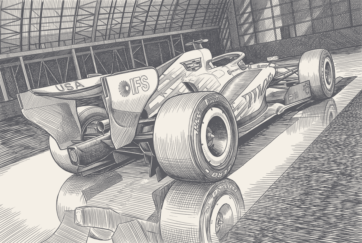Two-tone hatched-ink illustration traced from a photograph of the Cadillac F1 car at speed, liveries and sponsor marks stripped, at Silverstone.