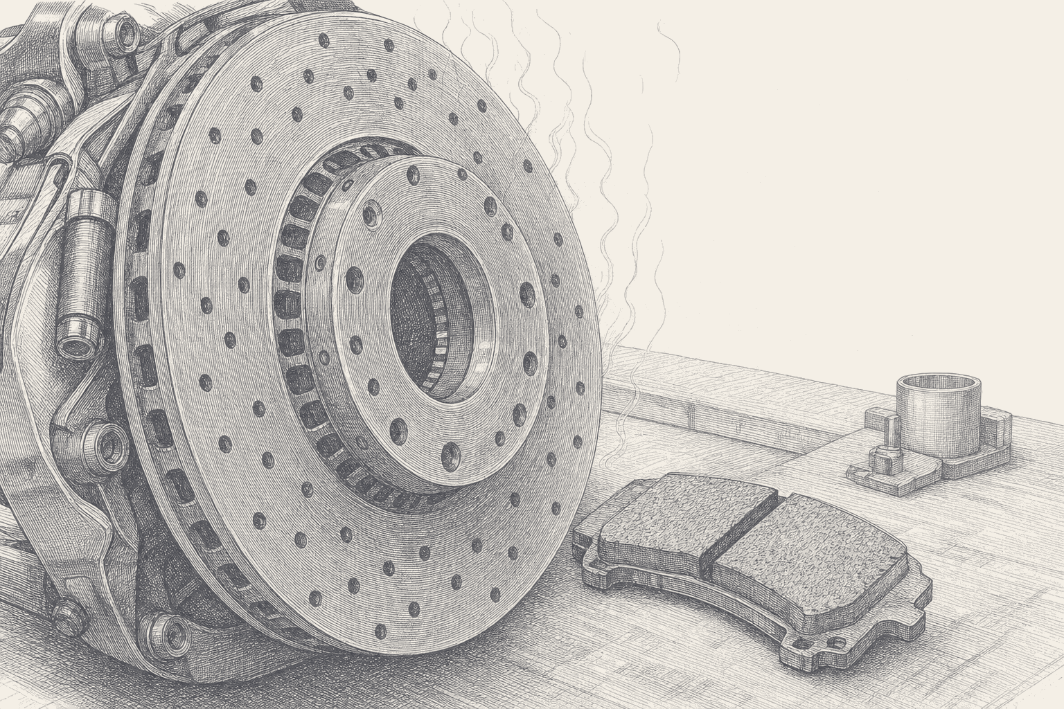 Two-tone hatched-ink illustration of a drilled brake disc and caliper in close macro with fine heat shimmer rising off the friction band, a worn brake pad resting beside it on a workbench, cream negative space above.