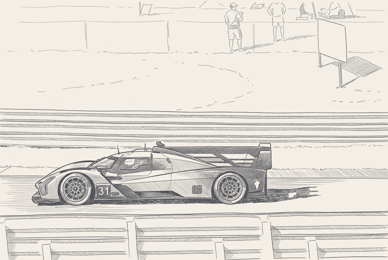 Two-tone hatched-ink illustration traced from a photograph of the No. 31 Cadillac V-Series.R at Watkins Glen, liveries and sponsor logos stripped.