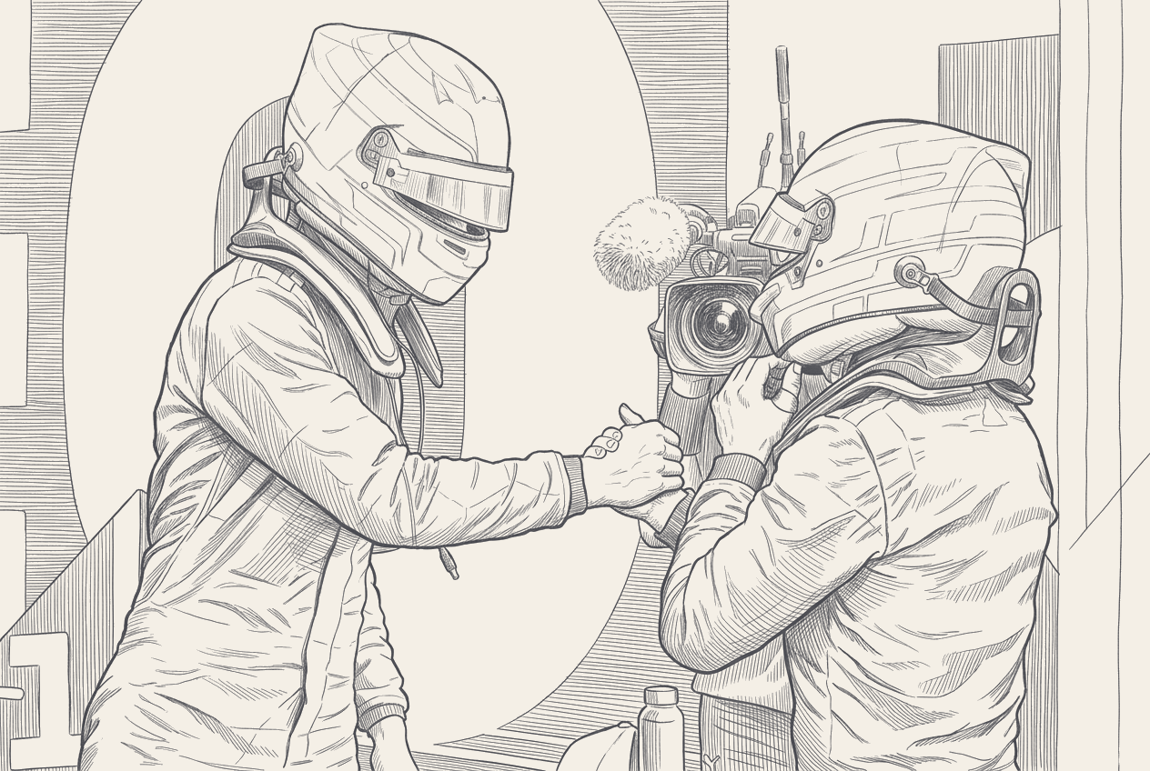 Two-tone hatched technical illustration of the Mercedes W17 crossing the line at the Circuit Gilles-Villeneuve final chicane in the foreground, with a lone figure in racewear standing against the Wall of Champions in the mid-distance.