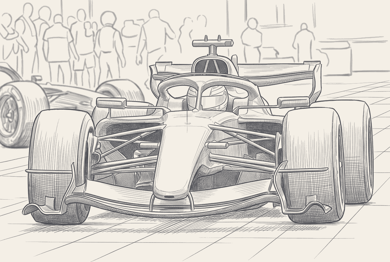 Two-tone hatched technical illustration of an FIA Technical Communication letterhead with a four-column power-unit comparison table, set against a Circuit Gilles-Villeneuve hairpin schematic with a Mercedes W17 sketched at the apex.