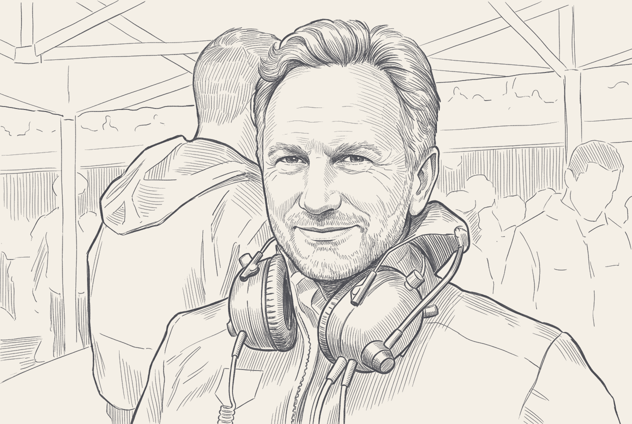Two-tone hatched technical illustration of Christian Horner walking the Canadian Grand Prix paddock, three-quarter view with paddock infrastructure in the background.