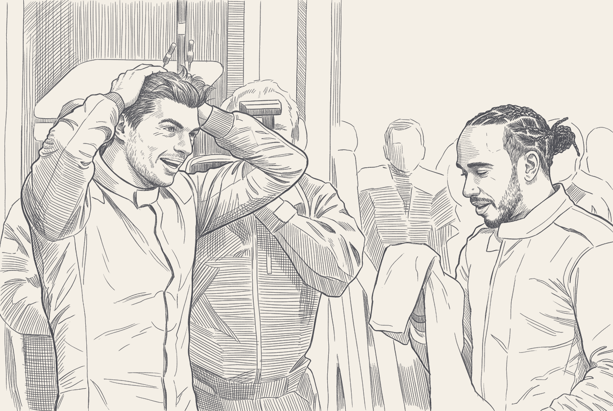 Documentary-style composition of the cooldown-room doorway at the Canadian Grand Prix podium, two silhouetted figures in race suits mid-conversation, with a small inset of the three-step podium in the lower-left, in the muted racing-green Paddock Notes palette.