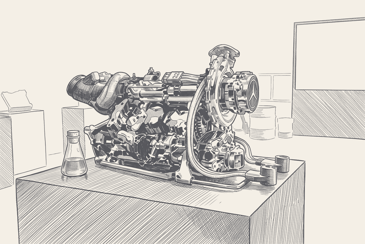 Two-tone hatched technical cross-section illustration of a 2026 F1 battery pack with one upper-right module rendered as the failure point, set against a ghosted Mercedes W17 silhouette on the Wall of Champions straight.
