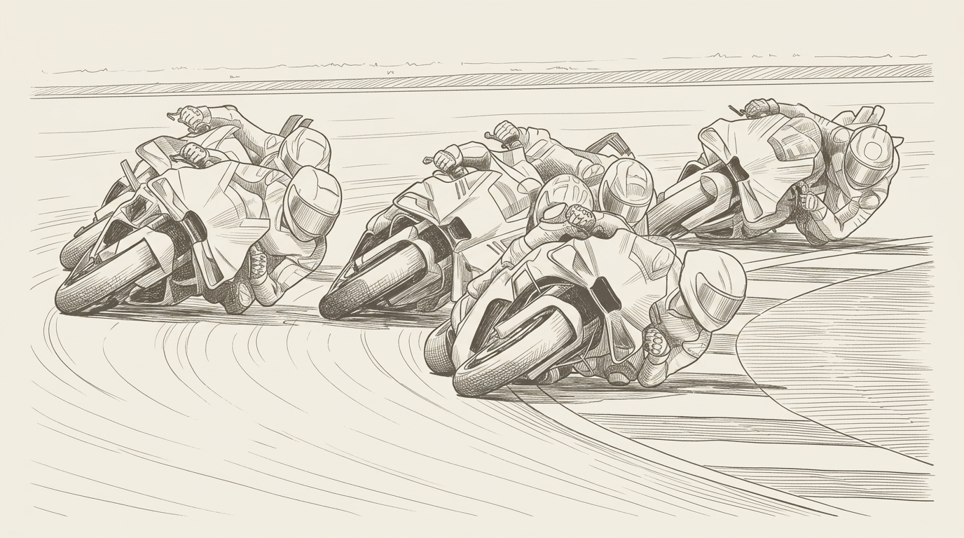 Two-tone hatched technical illustration: the Catalunya layout with Turn 10 marked as the lap-12 Acosta-Marquez incident point and Turn 1 marked as the lap-1 Zarco-Marini-Bagnaia second-restart incident point, an inset of the championship bar showing Bezzecchi 142 to Martin 127 after Catalunya, and a small panel showing the restart-protocol sequence from green flag to second red flag.