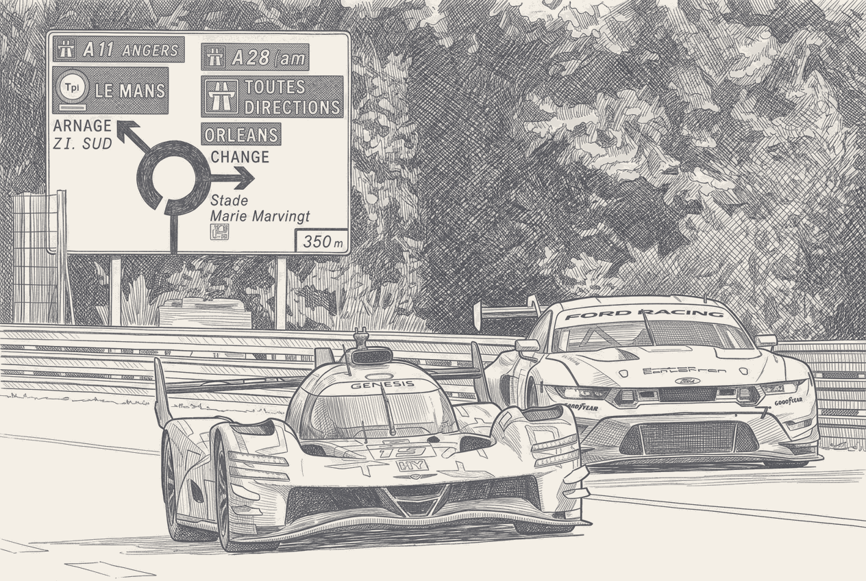A Hypercar on the Mulsanne straight at dawn drawn in two-tone ink, a driver silhouette with a long route map behind her stretching back to a 1930s grand-tourer at the far end.