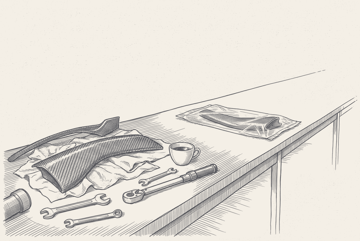 Two-tone hatched-ink illustration of a long factory workbench seen down its length, the near end crowded with finished carbon parts laid on cloth, hand tools and a mug, and the far end swept bare except for one new part still sealed in its factory wrapping.