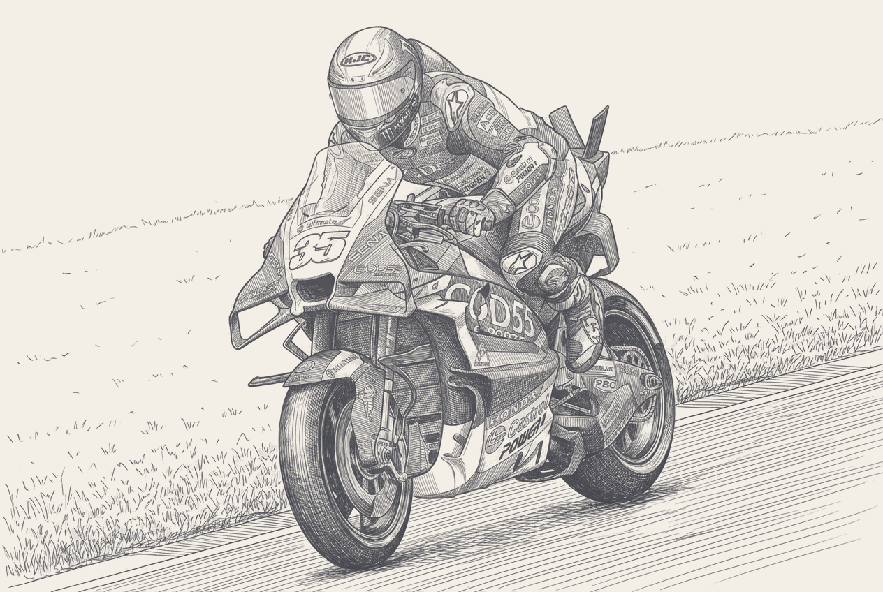A single LCR Honda RC213V in the Mugello pit lane rendered in muted racing-green low-saturation treatment, the bike's number plate left blank and a test-rider's plain helmet resting on the seat, the Tuscan hillside suggested in soft focus behind, no rider face shown.