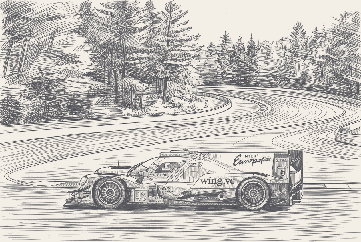 Two ORECA 07 LMP2 prototypes running nose to tail through a fast corner with a GT3 car being lapped on the inside line, drawn in two-tone hatched technical illustration.