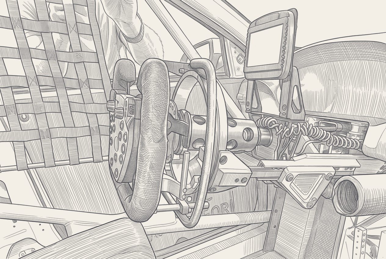 Two-tone hatched-ink illustration traced from a photograph of a hand-operated braking lever mounted to a GT3 steering column, liveries and text stripped.