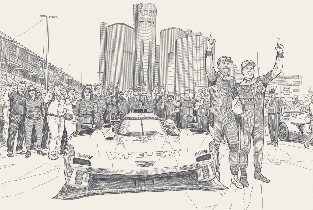 Two-tone hatched-ink illustration of the No. 31 Whelen Cadillac V-Series.R on the Detroit street circuit, drivers Jack Aitken and Earl Bamber celebrating beside the car with the Renaissance Center towers and the team crew behind them.