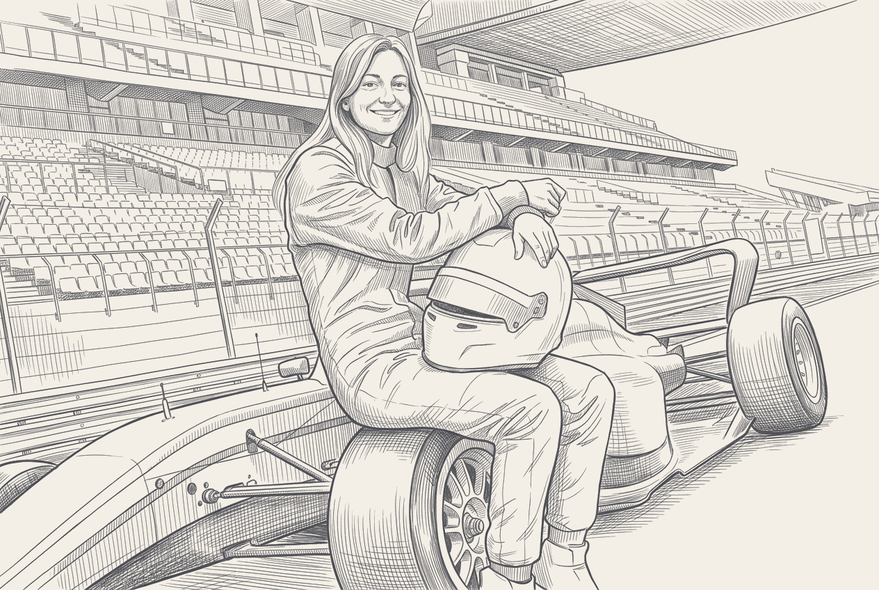 Two-tone hatched technical illustration: a four-quadrant diagram showing Doriane Pin's 2026 programme calendar with an F1 Academy car, a Mercedes W17, a Peugeot 9X8, and an Oreca 07 LMP2, each labelled and connected by a single calendar arc.