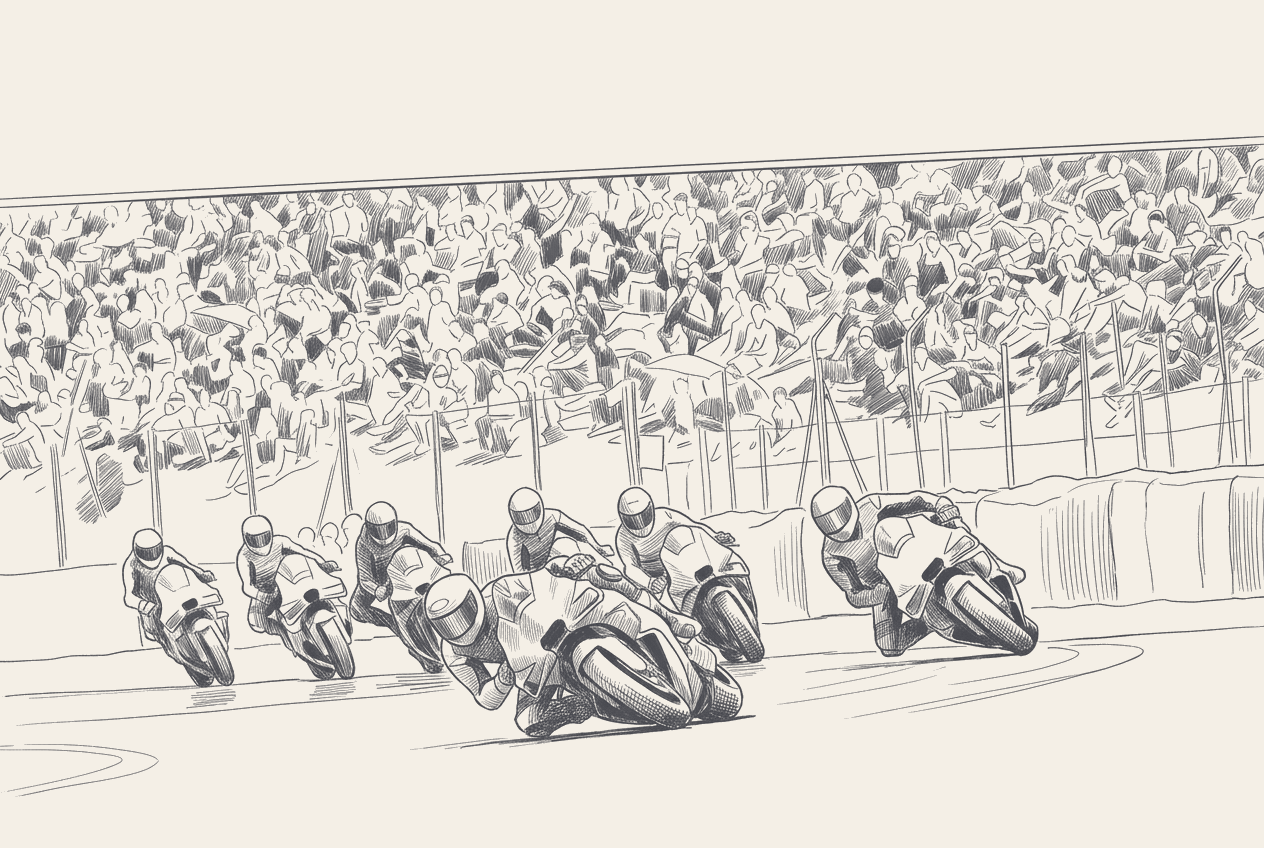 Two-tone hatched technical illustration in the Paddock Notes house style: ducati's one-bike catalan grid and the 19-day arithmetic on the marquez return