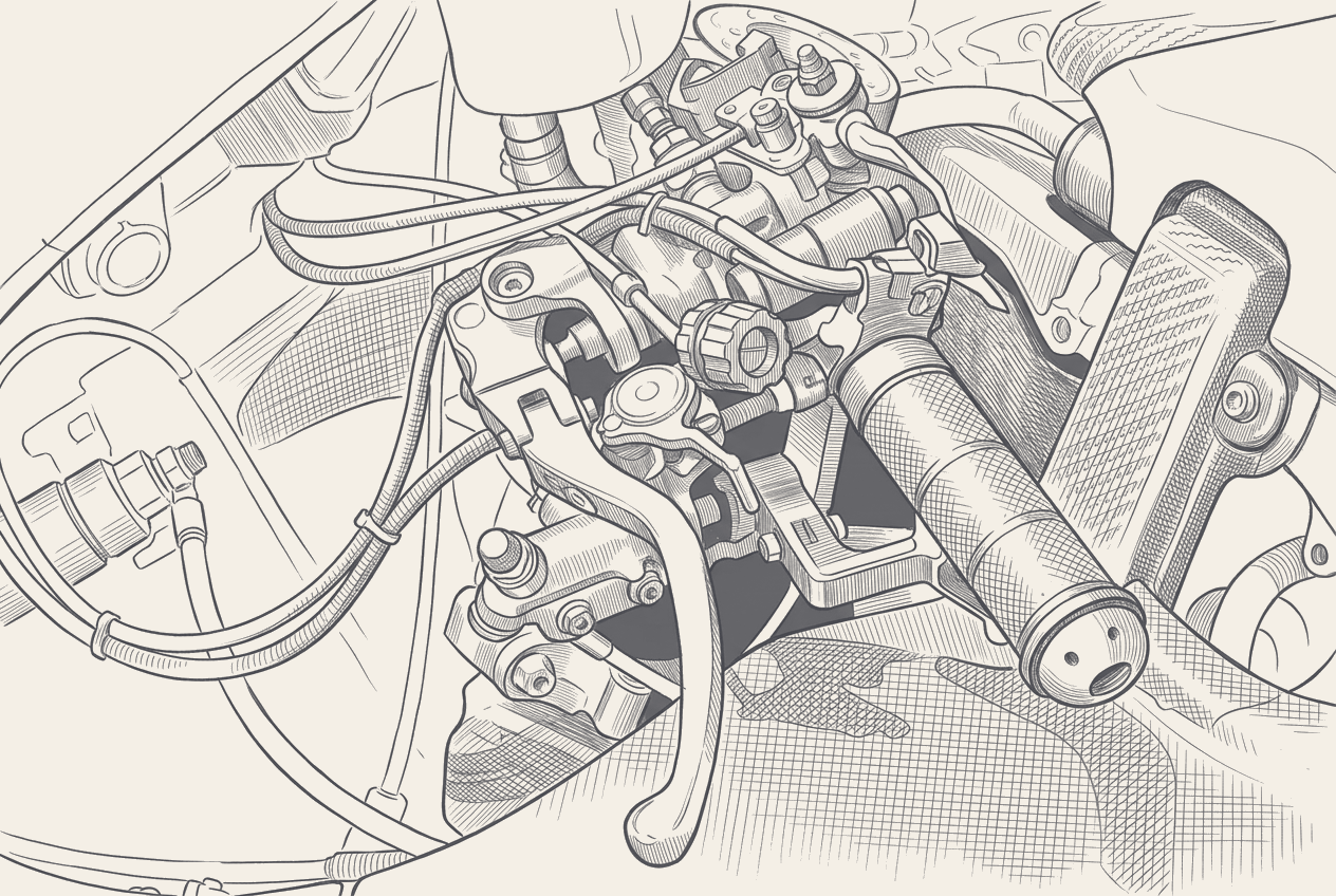 Two-tone hatched technical illustration in the Paddock Notes house style: the bagnaia front-end signature, twice in two rounds and what it says about the gp26