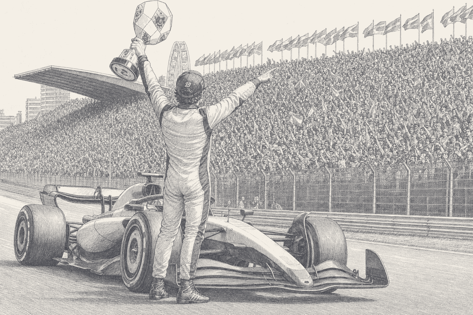 A two-tone hatched illustration of a race winner seen from behind in plain overalls, standing in front of his car on the main straight with a trophy raised in one hand and the other arm flung out towards a packed grandstand of flags and spectators.