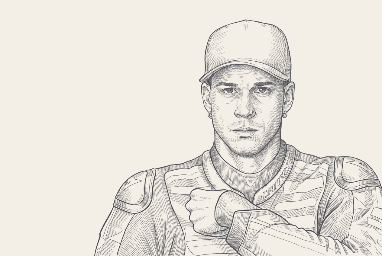 Two-tone hatched-ink illustration traced from a photograph of Marco Bezzecchi on the factory Aprilia at Assen, liveries and logos stripped.