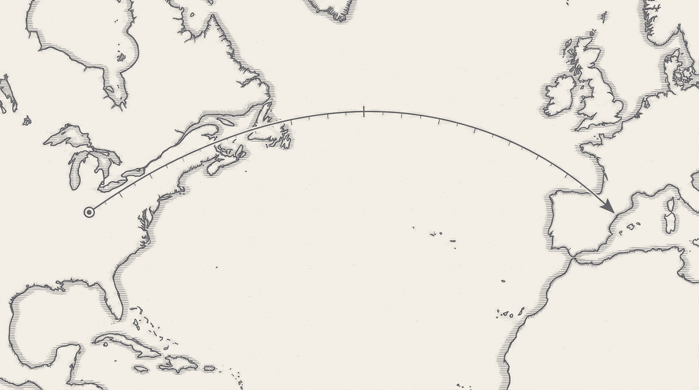 Two-tone technical illustration of a transatlantic route map drawn in the style of an airline chart, the heavy worn arrows all pointing from Europe to America and one fresh single line drawn the opposite way, terminating at a single open cockpit.