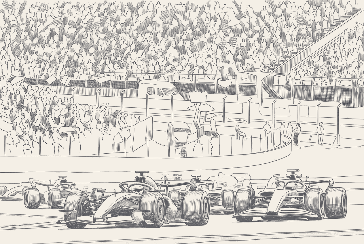 Two-tone editorial illustration of an eleven-team F1 grid board with seven name plates filled and fifteen blank, a contract corner folding over a calendar marked July, and a championship table edge showing a seventh-place row.