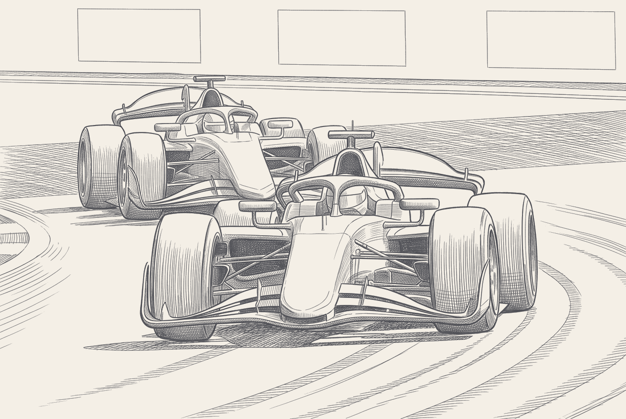 Two-tone hatched technical illustration: a horizontal F2 standings strip after Miami showing the top five as labelled bars (Tsolov 35, Camara 34, Mini 34, Beganovic 24, van Hoepen 22), with their academy/junior-team affiliation badges overlaid (Red Bull Junior, Ferrari Driver Academy x2, ex-Alpine, independent). A dotted line marks the 22-point spread.