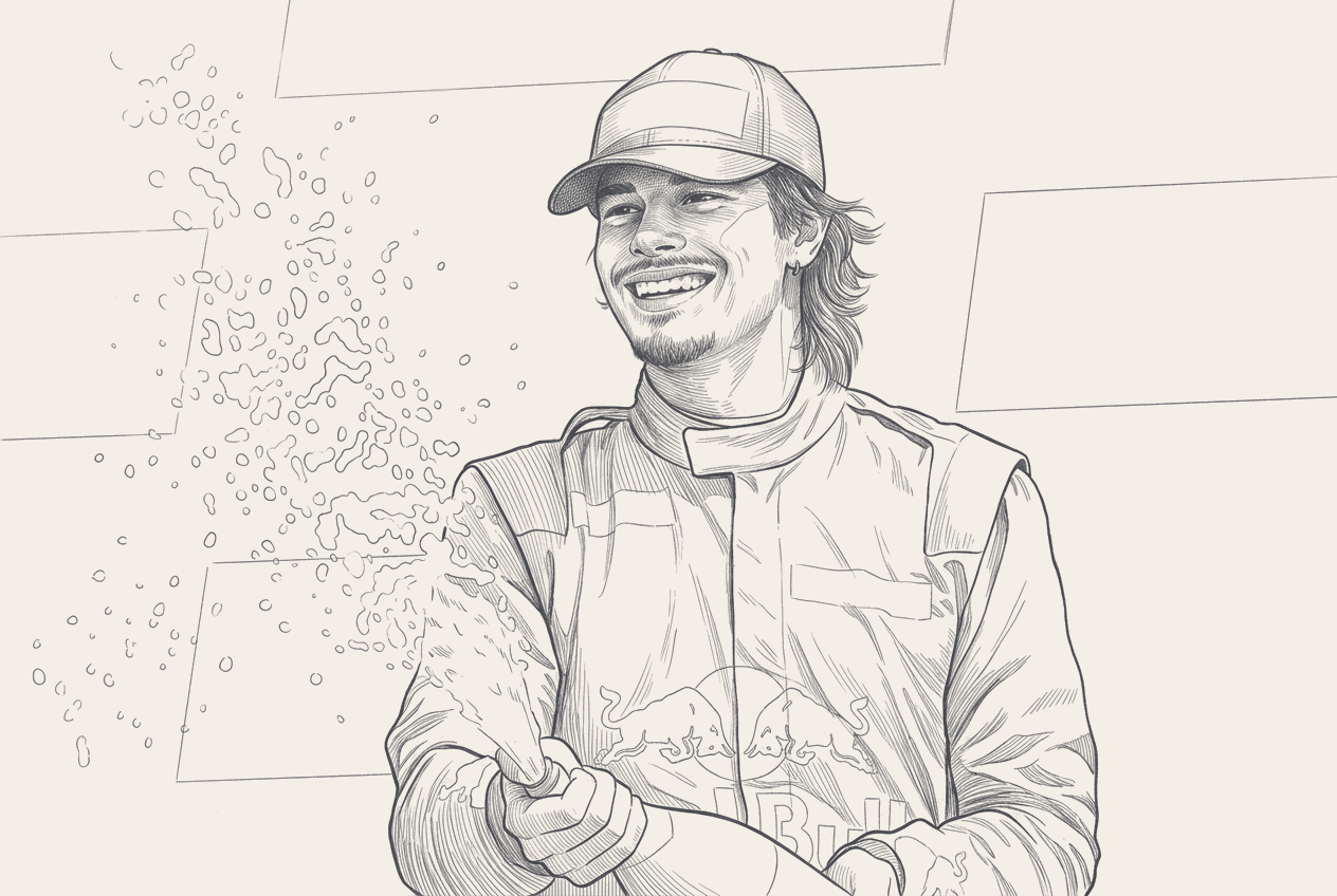 Two-tone hatched-ink illustration traced from a photograph of Nikola Tsolov in the Campos Racing Formula 2 car at Silverstone, liveries and sponsor logos stripped.