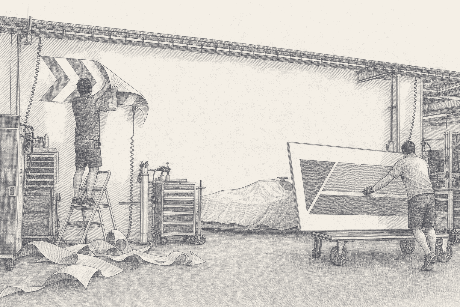 Two-tone hatched-ink illustration of a pit garage wall mid-rebrand, one crew member peeling a large chevron decal off while another rolls a new nameplate up the wall on a trolley, discarded lettering curled on the floor, cream negative space above.
