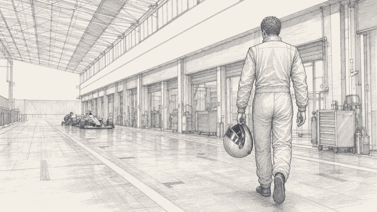 Two-tone hatched-ink illustration of a driver in a race suit walking away down an empty pit lane with his helmet carried low in one hand, his stopped car small behind him at the far end with a mechanic crouched beside it, hall roof glazing above.