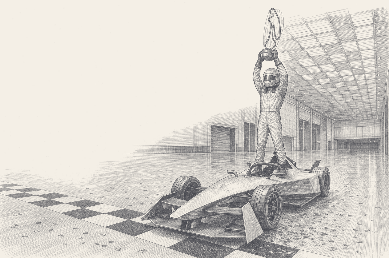 Two-tone hatched-ink illustration of a driver in full race suit standing on top of his single-seater astride the finish line with the championship trophy raised above his helmet, celebrating alone in a completely empty exhibition hall, trodden confetti near the wheels, cream negative space above.