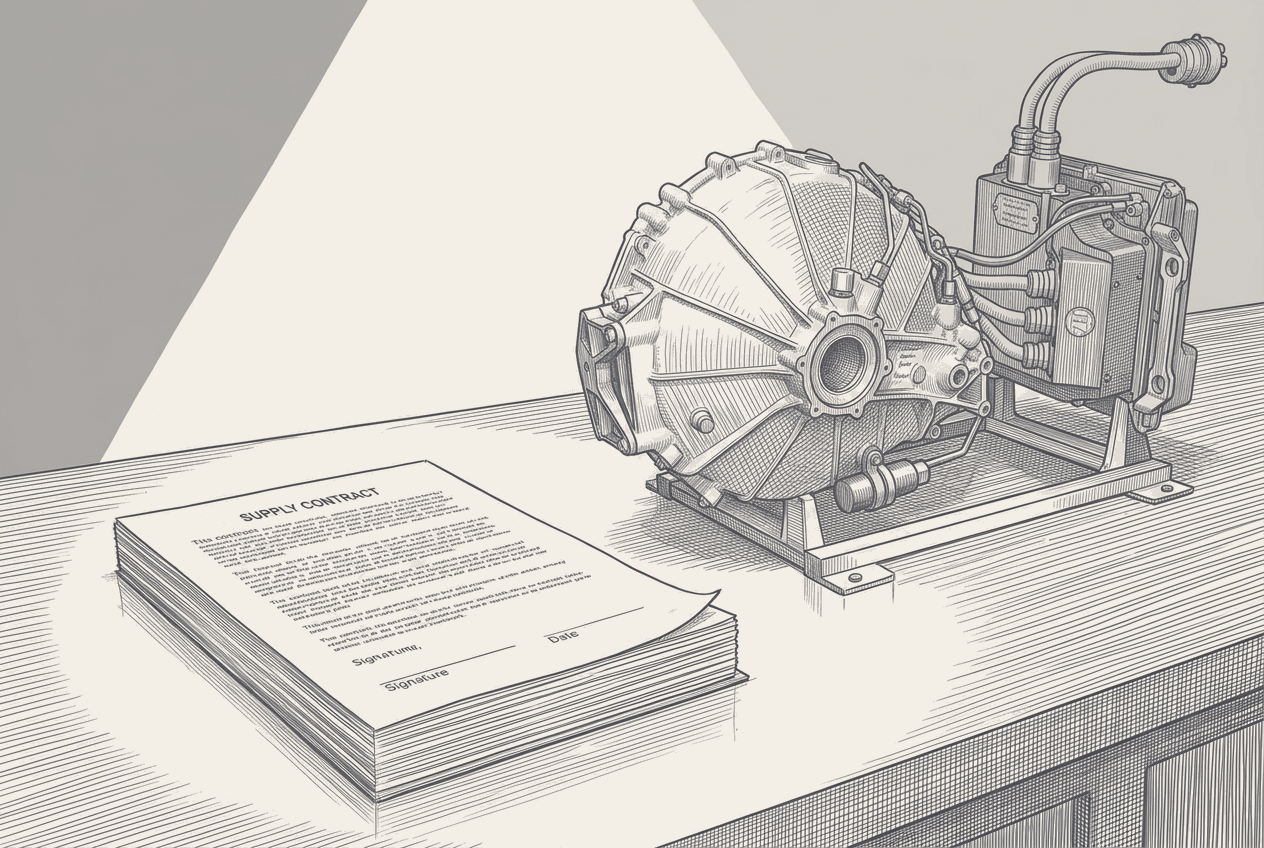 A two-tone hatched still life of a supply contract open to an empty signature line on a workshop bench, the bare rear powertrain assembly of an electric race car looming behind it on a build stand.