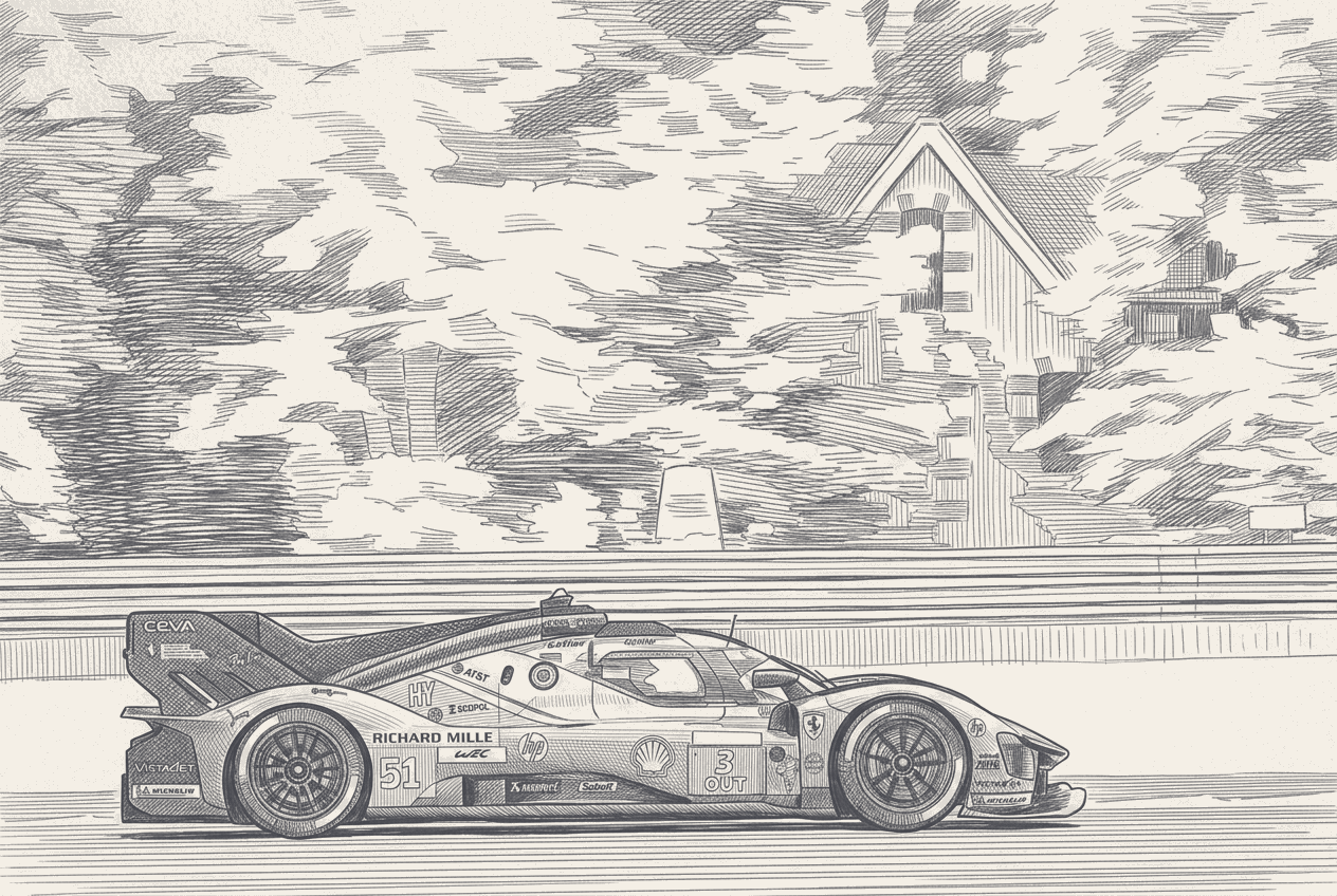 Two-tone technical illustration of a Hypercar silhouette on a drafting table, three playing-card shapes fanned above marked with gear, wing and suspension glyphs, a fourth card half-drawn from a deck at the table's edge.